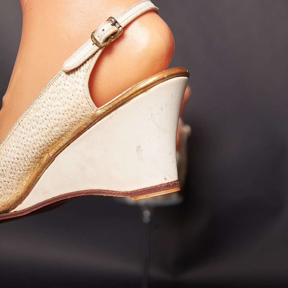 1960s Raffia Straw Peep Toe Wedges Heels Slingbacks Shoes